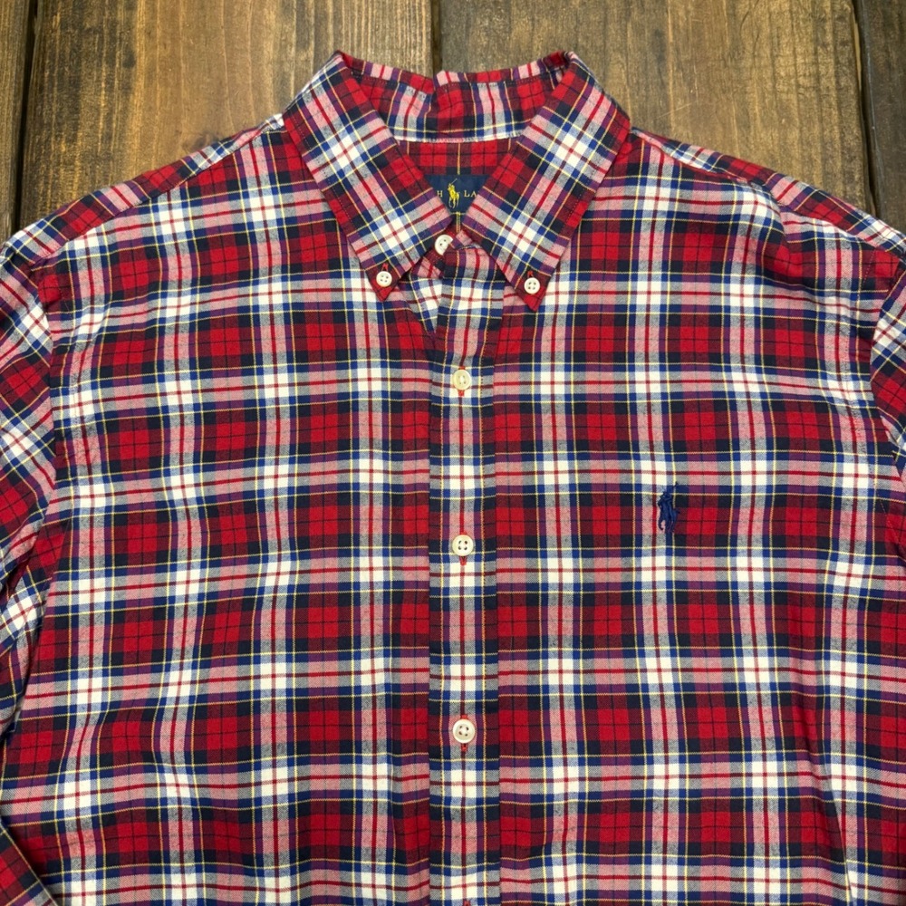 Ralph Lauren‎ Mens Large Plaid Button Down Shirt Red White Blue Long Sleeve Pony